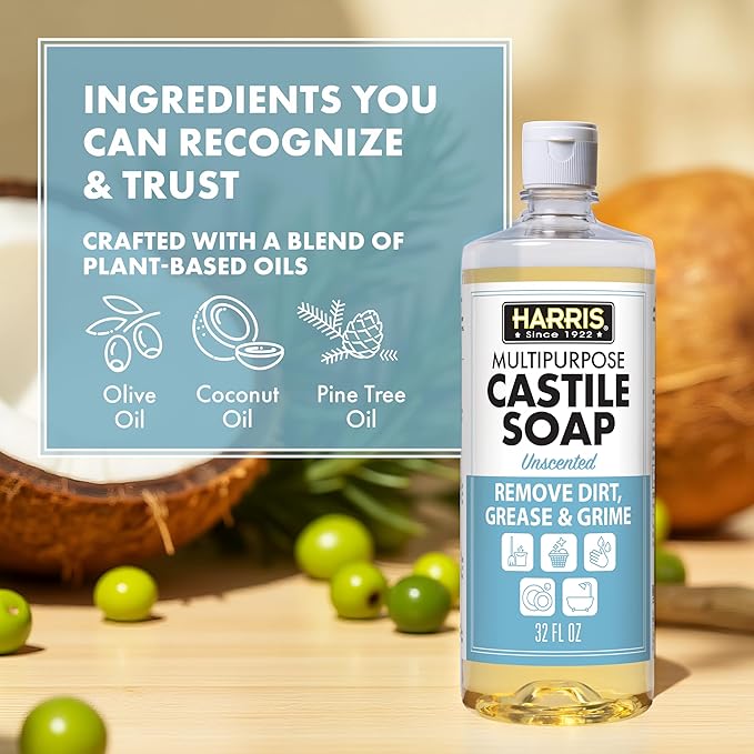 HARRIS Multi-Purpose Liquid Castile Soap for Home Cleaning Use as Dish Soap Laundry Detergent Kitchen &amp Bathroom Surface Cleaner Kids Room 2 Pack of 32 Fl Oz with Microfiber Cloth (Unscented)