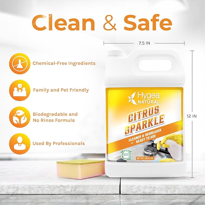 Hygea Natural Citrus Sparkle Chemical-Free Heavy Duty Degreaser &amp All Purpose Cleaner - Pure Citrus Extracts &amp Natural D-limonene - Removes Grease Dirt &amp Grime (128oz Gallon)