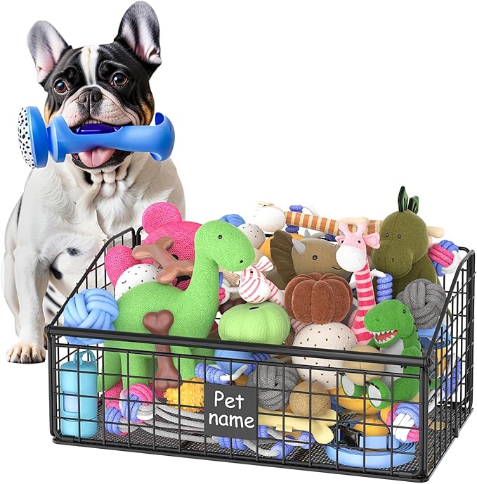 Indestructible Dog Toy basket Medium Toy Box for DogsPet Toy Bin Dog Metal Basket for Toys Toy Storage Organizer Toy Box for Living Room Area (Black)