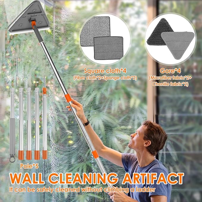Baseboard Cleaner Tool with HandleFolding Wall Mop with 79 Extension Pole Swivel Wall Cleaner Mop with Squeegee 8 Reusable Pads for Baseboard Wall Ceiling Window Floor Furniture