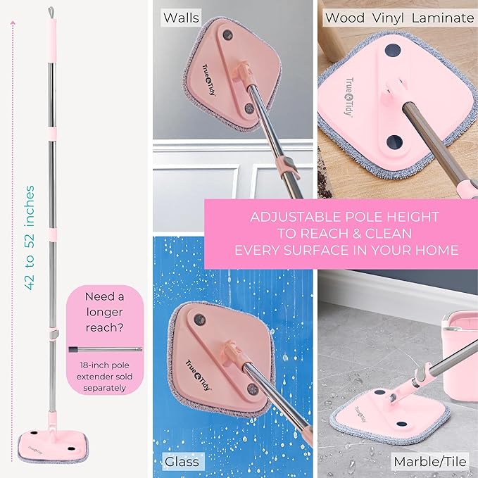Square Spin Mop &amp Bucket Smart Floor Mop with Separate Compartments for Clean and Dirty Water Self Cleaning 2025 Upgraded Version w/Side Brush &amp Self-Standing Handle Rose