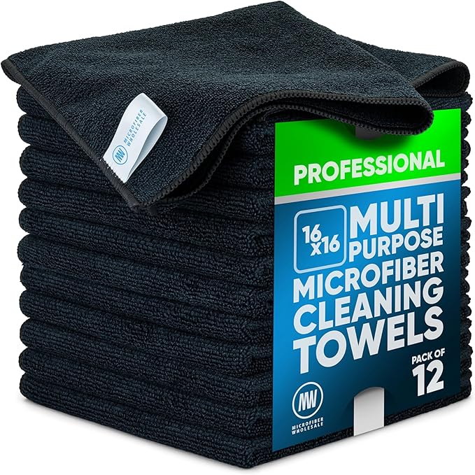 Microfiber Wholesale MW Pro 16x16 Auto Detailing Towels - Plush Car Drying Cloths for Wax Removal Interiors &amp Body Shops - Scratch Free (Black 12-Pack)