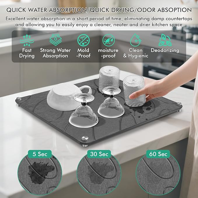 Stone Drying Mat For Kitchen Counter Superb Absorbent Diatomaceous Earth Mats with Non-Slip Feet Quick Dry Stone Dish Drying Pad Dish Pad Multi-Purpose(Flow Line-DarkGrey 15.7 x 11.8)