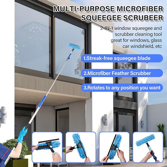 High Reach Cleaning Kit with 12FT Telescoping Pole - Ceiling Fan &amp Microfiber Feather Dusters Cobweb Brush Window Squeegee &amp Washer