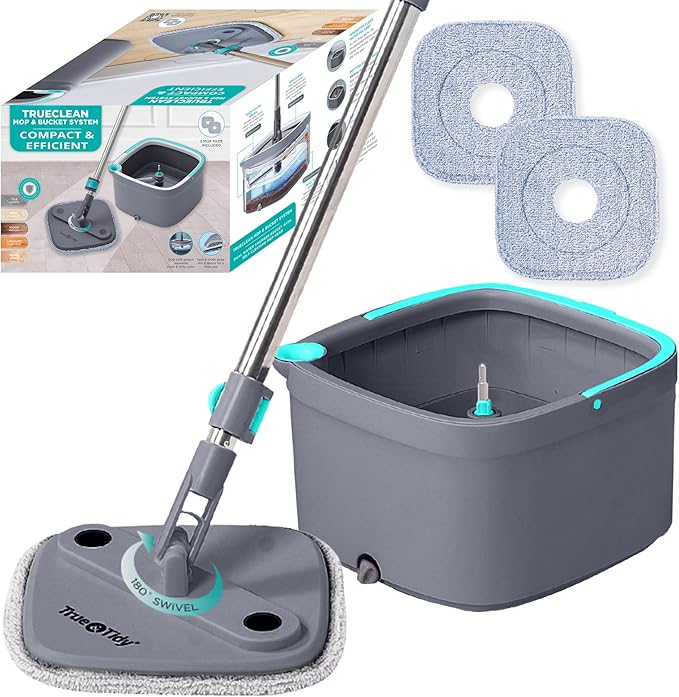 TRUE &amp TIDY Square Spin Mop &amp Bucket System – Dual Chamber for Clean &amp Dirty Water 360° Rotating Self-Wringing Mop with Built-in Scrub Brush Stainless Steel Handle &amp 2 Reusable Micro