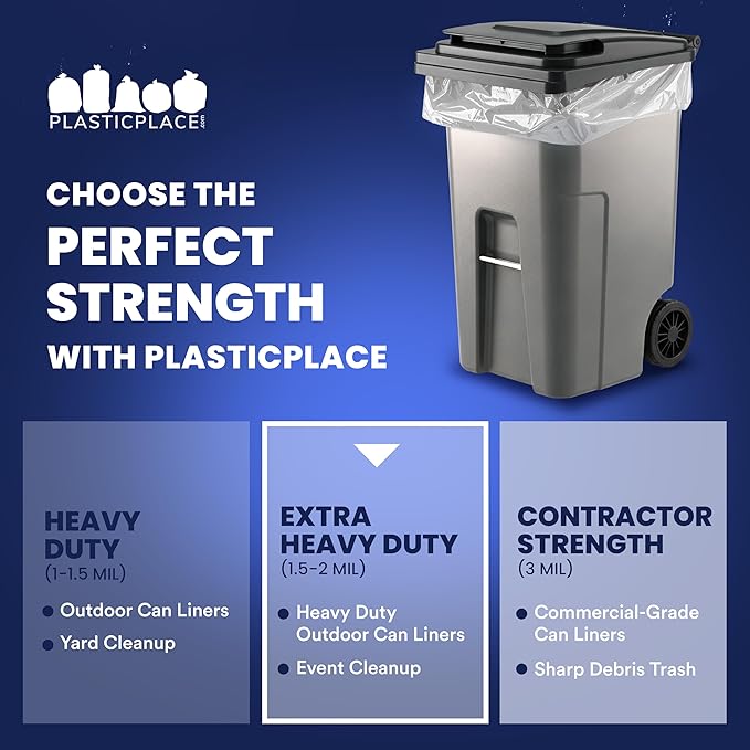 Plasticplace 95-96 Gallon Garbage Can Liners 1.5 Mil Clear Heavy Duty Trash Bags 61 x 68” 50 Count