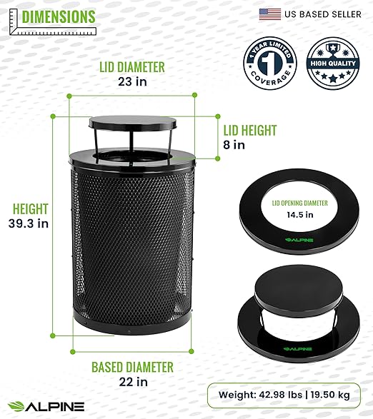 Alpine Outdoor Trash Can 36 Gallon Diamond Steel Commercial Metal Waste Bin with Leak Proof Liner Heavy Duty Steel Mesh Design Rain Bonnet Lid &amp Flat Lid for Parks Streets and Public Spaces-Bl