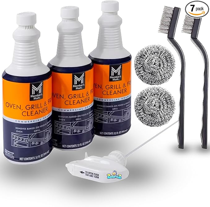 Heavy-Duty Oven Grill &amp Fryer Cleaner Kit – 3 Bottles (32 fl oz Each) + Trigger Sprayer + 2 Steel Sponges + 2 Wire Brushes – Commercial Grade Grease Remover