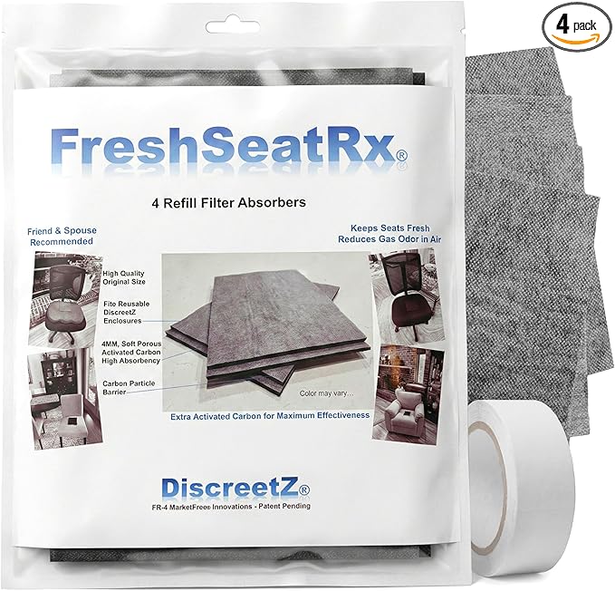 FreshSeatRx 4-Refill Filters fit FS-4 enclosures. Activated Charcoal Chemical Warfare Design High Absorbency-CWDHA Activated Carbon Filter Pads. Reusable Reset with Low Heat for Weeks of use. FR-4