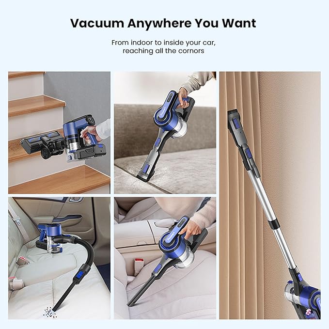 Cordless Vacuum Cleaners for Home 8 In 1 Wireless Vacuum with LED Lights &amp Roller Lightweight Stick Vacuums &amp Electric Brooms for Pet Hair Hard Floor Carpet Standing or Hanghing (Black+Blue
