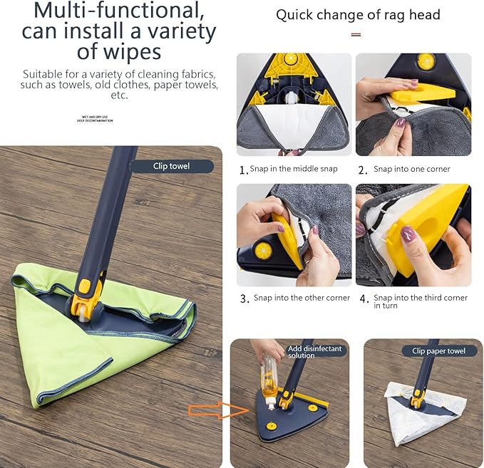 360° Rotatable Adjustable Cleaning MopTriangle Shaped Wall Mop with SqueegeeTelescopicLong Handle Microfiber DustWet and Dry Usefor WallCeilingWindowBaseboard-White||4 Cloth