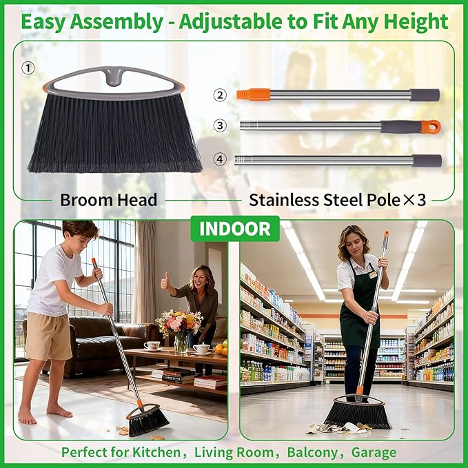 2 Pack Soft Bristle Broom Heavy Duty Broom with Collapsible Handle Ideal for Indoor Outdoor Hardwood Floors Kitchen Salon Camping Cat Pets Hair Home Room Office Sturdy and Durable Gray