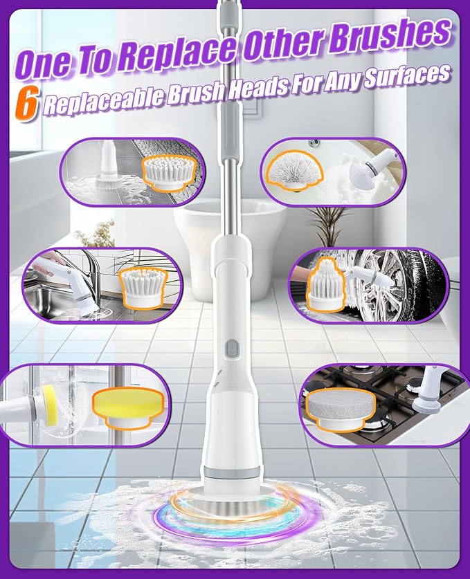 NBONEBS Electric Spin Scrubber Cordless Shower Scrubber Rotary Floor Brushes &amp Pad Drivers with 6 Brush Heads - 2H Dual Speed IPX7 Waterproof Extension Handle for Bathroom Tile Car Cleaning