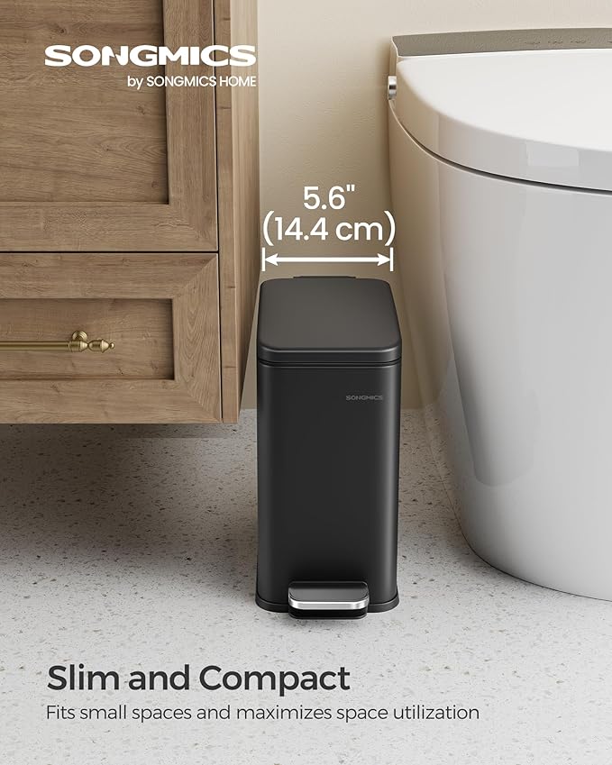 SONGMICS Bathroom Trash Can 1.3 Gallon (5 L) Small Trash Bin with Lid Slim for Small Spaces Stainless Steel Garbage Can Soft Close Black ULTB560B05