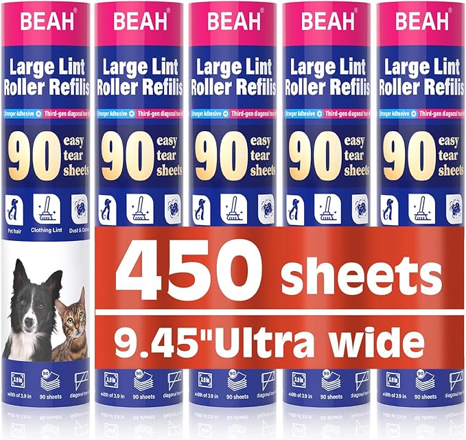 BEAH Lint Roller Refills (5 Packs 450 Sheets) Lint Rollers for Pet Hair Extra Sticky Refills Compatible with 9.45-inch lint Rollers requiring a 1.5-inch Inner Diameter
