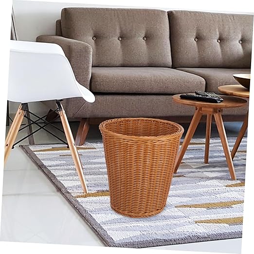 VOSAREA 1PC Plastic Wastebasket Simulated Rattan Woven Trash Basket Home Garbage Container Wastebasket Retro Waste bin (Imitated Rattan Style)