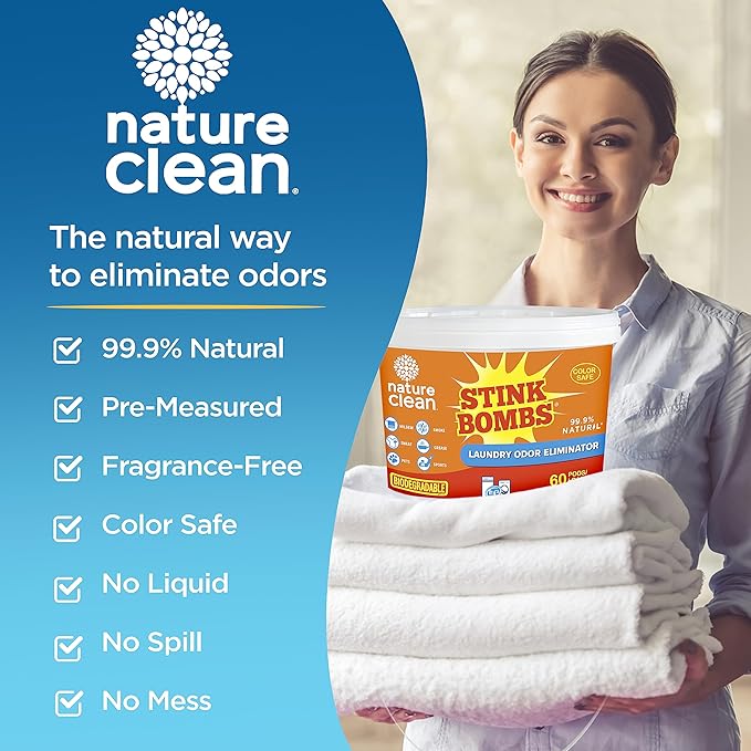 Nature Clean Stink Bombs Laundry Odor Eliminator Pods for Clothes Removes Pet Sweat Grease Mildew &amp Sports Odors Laundry Deodorizer for Home Use 60 Count (Pack of 1)