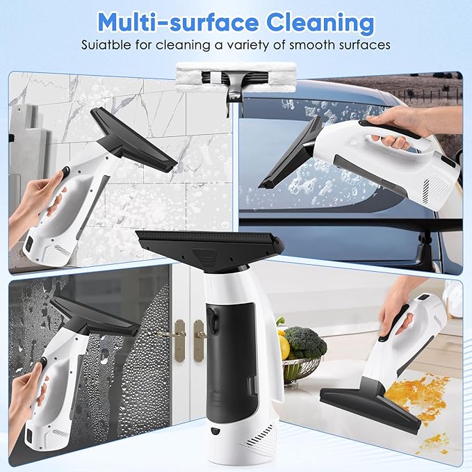 Window Vacuum Squeegee Cordless Handheld Window Vac with Multi-Purpose Spray Bottle &amp Microfiber Cloth Electric Cleaning Tool for Windows Tiles Mirror Countertop Car Windshield