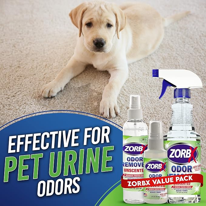 ZORBX Odor Remover Bundle – Includes 16 Oz Fast-Acting Odor Remover Spray 7.5 Oz Compact-Sized Odor Remover Spray 2 Oz Travel-Friendly Odor Remover Spray &amp 24 Oz M&ampM Stain and Odor Remover
