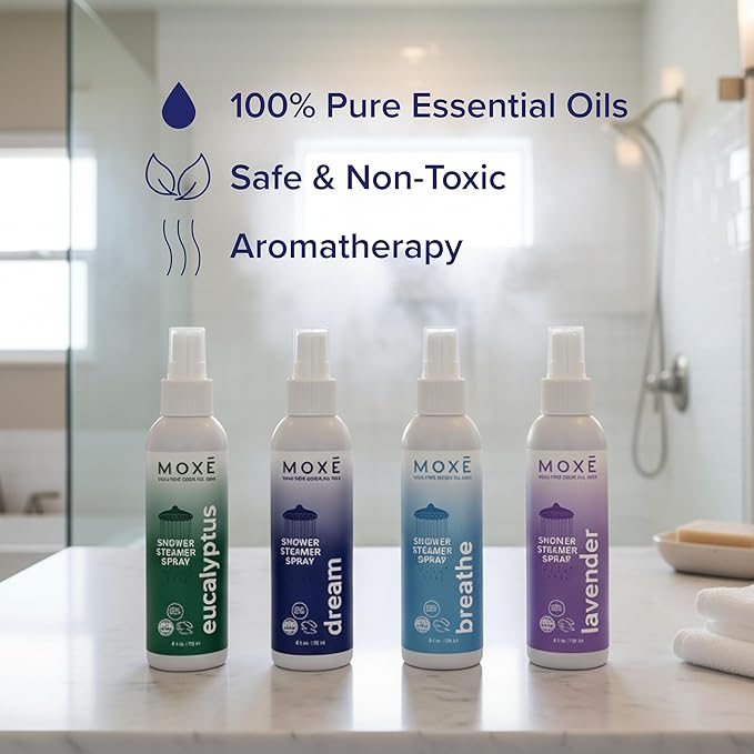 MOXE Aromatherapy Shower Mist Variety Pack Eucalyptus Lavender Breathe and Dream Spa Steam Spray Natural 100% Essential Oils Made in USA Aromatherapy Sinus Congestion Relief 4 Pack (8oz)