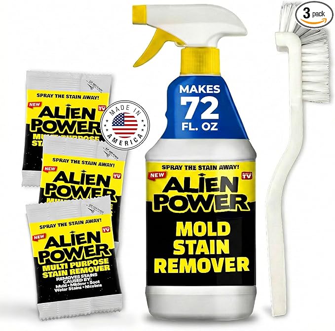 Alien Power Instant Stain Remover Spray for Mold and Mildew and Grout All Purpose No-Scrub Cleaner for Bathroom &amp Household Surfaces Tiles Wall &amp Washing Machines - 3 Packets (Makes 72 Fl O