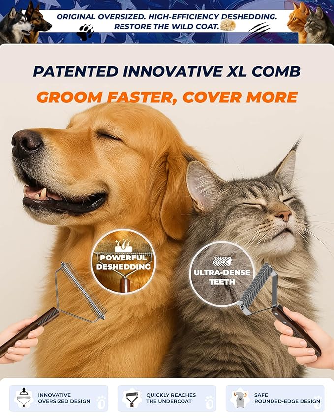 Extra Large 2-Sided Dog Brush For Shedding Undercoat Rake for Dogs &amp Cats Remove Mats Dematting CombGentle Grooming Brush for German Shepherds Medium to Long-Haired Pets(Premium Walnut Handle)