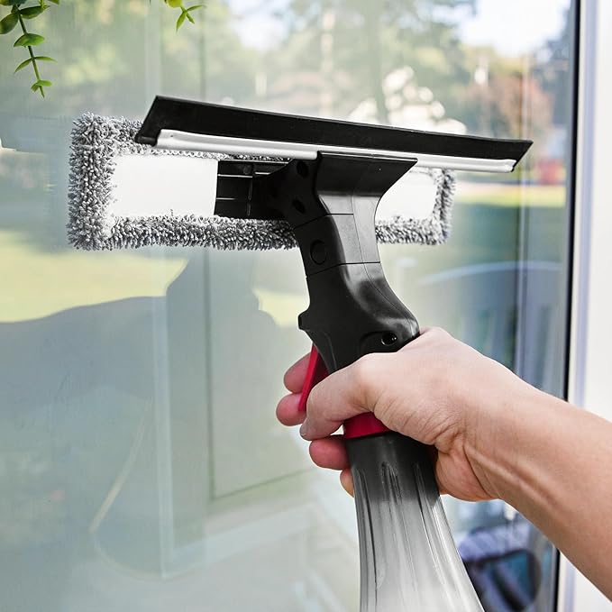 Libman 3-in-1 Window Squeegee Spray Tool – Spray Bottle with Microfiber Scrubber and Rubber Blade – All-in-One Glass Cleaner – Streak-Free Shine – Machine-Washable – Easy Storage &amp Use