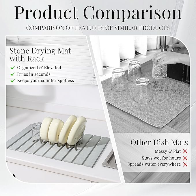 Diatomaceous Stone Dish Drying Mat with Collapsible Steel Rack - Quick Dry Kitchen Counter Set Space Saving Foldable Dryer
