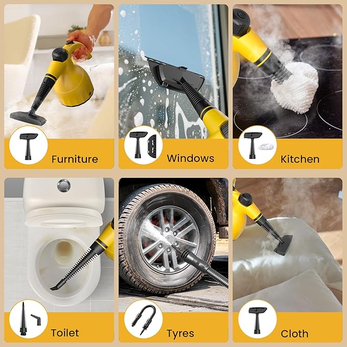 Handheld Steam Cleaner: Multi-Surface Steamer with 10 PCS Accessories Pressurized Natural Steam Cleaner for Home Cleaning Dirt Grease Grout Tile Floor Couch and Car