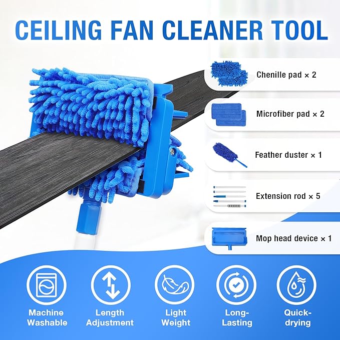 Ceiling Fan Cleaner Duster with 72 Extension Pole &amp 4 Reusable Pads High Ceiling Fan Blade Cleaning Tool Flexible Microfiber Duster for BaseboardBlindsCobwebsFloor -Lightweight &amp Washab