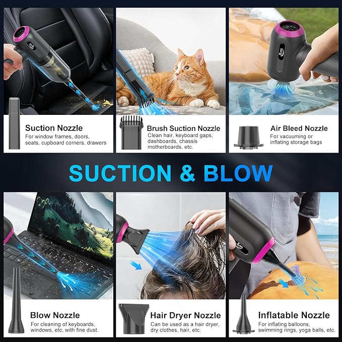 KMM Handheld Car Vacuum Cleaner 4 in 1 Vacuum Cleaner 16000Pa Air Duster 3-Speed Adjustable 120W High Power Vacuum Cleaner with LED Light and Multi-Nozzles for Car Home Office Pet