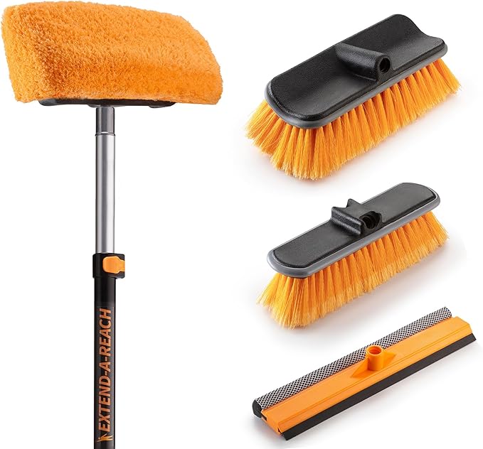 14 Foot Exterior House Cleaning Brush Set with 5-8 ft Extension Pole // Vinyl Siding Brushes with Telescopic Extendable Pole &amp Window Cleaning Squeegee Tool // The Ultimate Extension Scrub Brush S