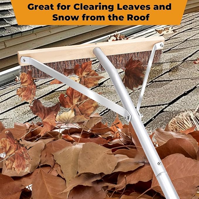 Leaf Roof Brush and Roof Rake 21 Ft Adjustable Length Roof Cleaning Tool Remove Roof Leaves Safely with Natural Brush Head Lightweight Easy to Use &amp Store