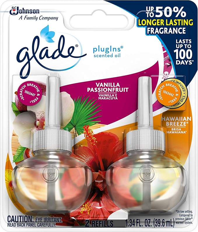 Glade PlugIns Refills Air Freshener Scented and Essential Oils for Home and Bathroom Hawaiian Breeze &amp Vanilla Passion Fruit 1.34 Oz 2 Count (Pack of 3)