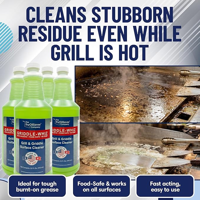 Griddle-Whiz Grill &amp Griddle Cleaner (4-Pack) | Removes Grease Food Residue Burnt On Organics | High Heat Flat Top Grill Cleaner Food Contact Surface | Non-Caustic Formula by FryOilSaver (32oz)