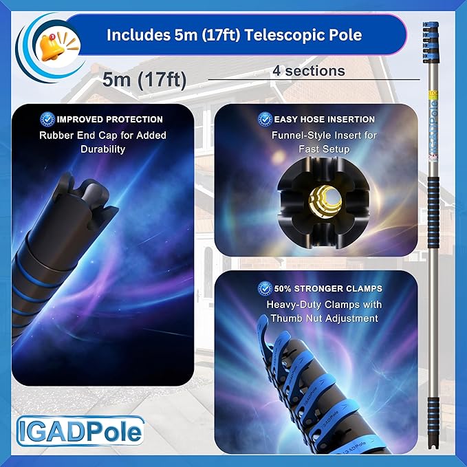 IGADPole 17 FT Water-Fed Cleaning Kit – Extendable Telescopic Pole with Soap-Dispenser Brush &amp Cobweb Duster Adjustable 5-17 FT Handle for Safe High Window Gutter Solar Panel &amp Exterior Cl
