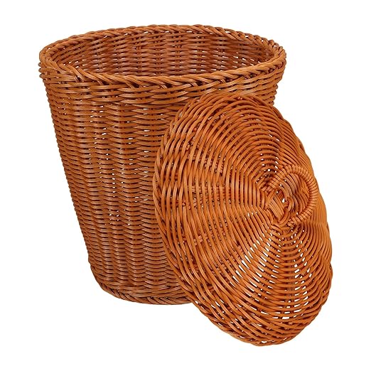 Lurrose Woven Storage Basket with Lid Round Desktop Trash Can Multipurpose Sundries Container in Brown Imitation Rattan Wastebasket for Home Office Organization