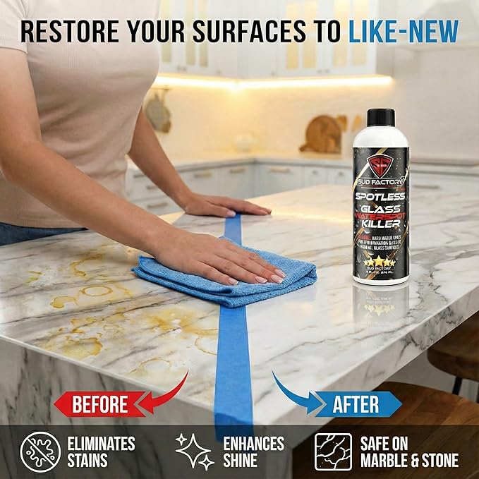 Sud Factory Hard Water Spot Remover for Glass Spotless X2 - Removes Water Stains from Shower Doors Car Windows Windshields - Professional Strength 16oz