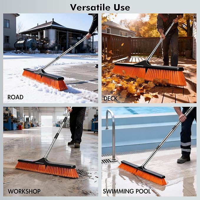 24 Push Broom Heavy Duty Outdoor Commercial Broom for Cleaning with 55 Long Handle and Stiff Bristles for Driveway Garage Yard Patio Warehouse Concrete Floor CleaningOrange