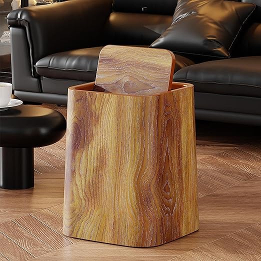 Rustic Trash Can Waste BasketCreative Home Use Creative Bin Wood Grain Paper BasketRubbish Bins for Study Kitchen Office Kitchen Bedroom Hotel L with Cover