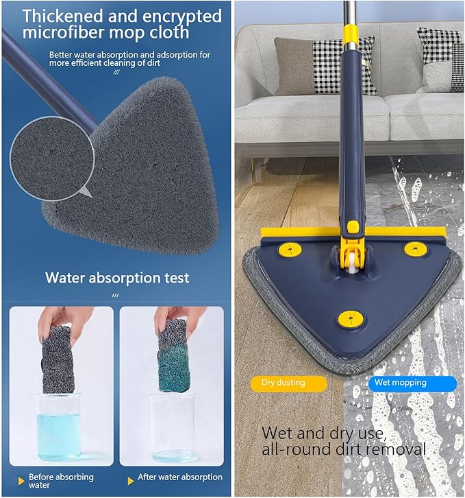 360° Rotatable Adjustable Cleaning MopTriangle Shaped Wall Mop with SqueegeeTelescopicLong Handle Microfiber DustWet and Dry Usefor WallCeilingWindowBaseboard-White||4 Cloth