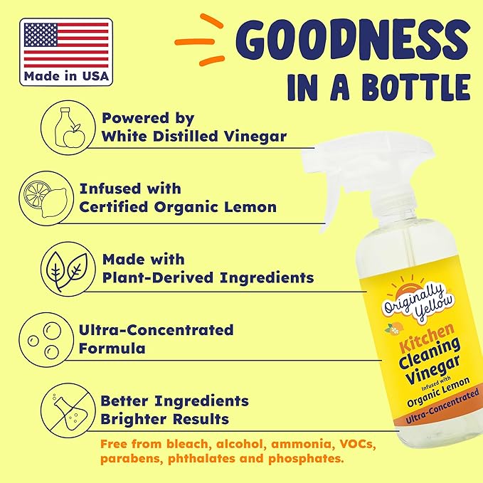 Originally Yellow Plant-Based Kitchen Cleaner | Powered by Natural Vinegar &amp Infused with Organic Lemon | Multipurpose Kitchen Counter Cleaner Works on Tile Wood Granite &amp Marble 16 Fl Oz