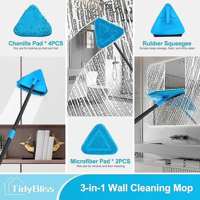 Wall Mop Cleaner with Long Handle 80” Ceiling Duster Scrubber with 360° Swivel Collapsible Head Baseboard Cleaning Tool with 4 Chenille and 2 Microfiber Pads for Windows Floor (Blue)