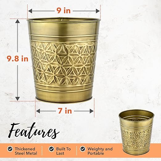 Autumn Alley Handcrafted Brass Bathroom Trash Can Round Open-Top Bathroom Wastebasket Stylish Metal Waste Bin for Home Office Bedroom Decorative Waste Basket Decor Coastal Trash Can Brass 2 Gal.
