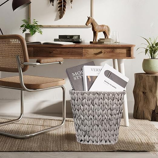 Wicker Trash CanWaterproof Bathroom Waste BasketPlastic Wicker Woven Waste Basket with Built-in Handles 19 Liters/5 GallonsDecorative Boho Rubbish Bin for Bedroom Office Kitchen Laundry (gray)