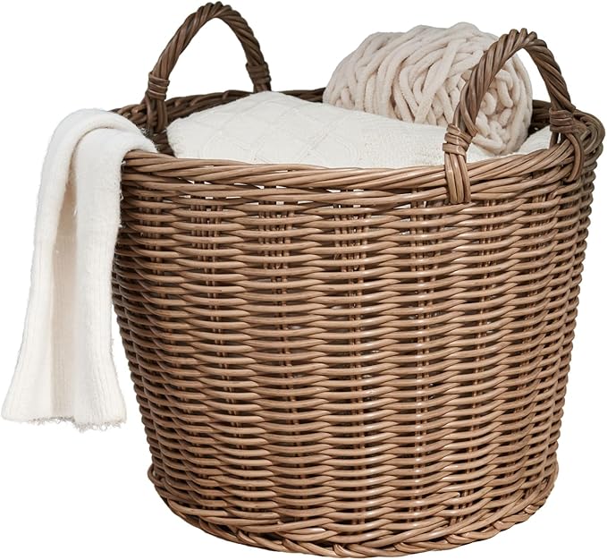 Joseph Round Cone Woven Resin Wicker Basket with Handles (16 x 16 x 10.5 - Chocolate Brown) - Perfect for Halloween Thanksgiving and Everyday Storage