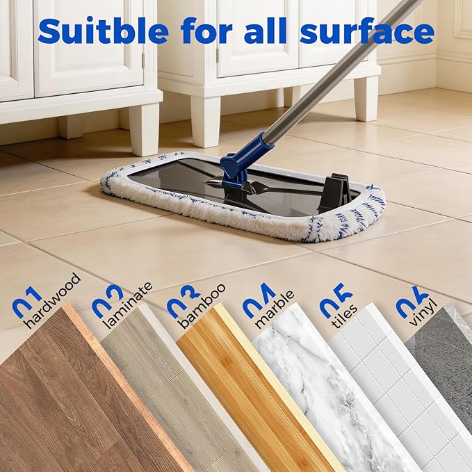 Masthome Extra Large Microfiber Mop for Floor Cleaning 16“ Flat Mop with 5 Pad for Wet &amp Dry Use Dust Mop for Hardwood Laminate Tile Ceramic 1 Cleaning Scraper Included-Blue