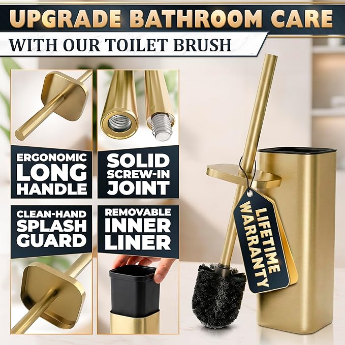 Gold Toilet Brush with Square Holder - Toilet Brush and Holder Set Gold Stainless Steel Handle with Splash Shield Replaceable Head and Removable Inner Cup - Freestanding Bathroom Toilet Cleaning Set