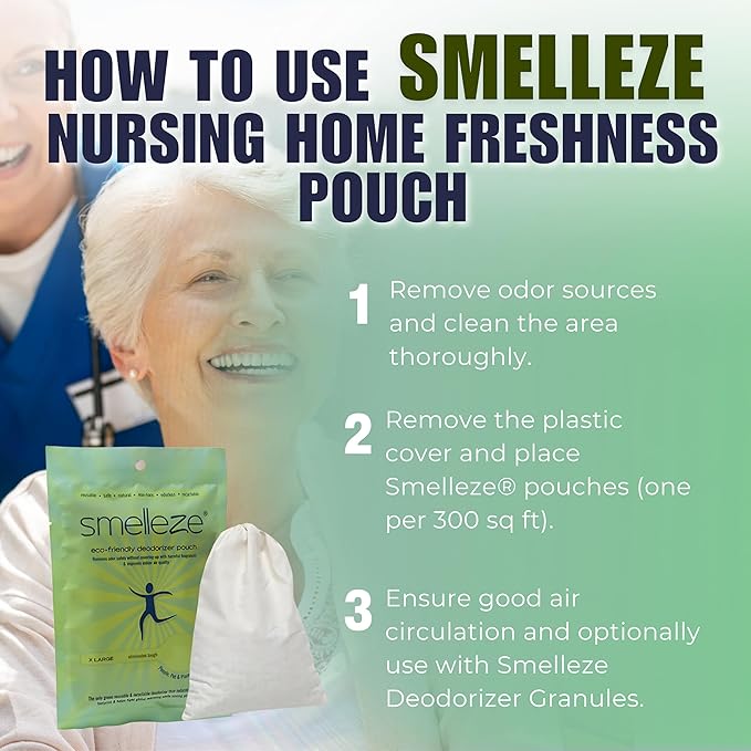 Smelleze Reusable Elderly Odor Eliminator &amp Nursing Home Room Deodorizer Pouch - Works for all Old Age Sick Nursing Home Hospices Urine and Feces Smell 150 Sq. Ft. Coverage