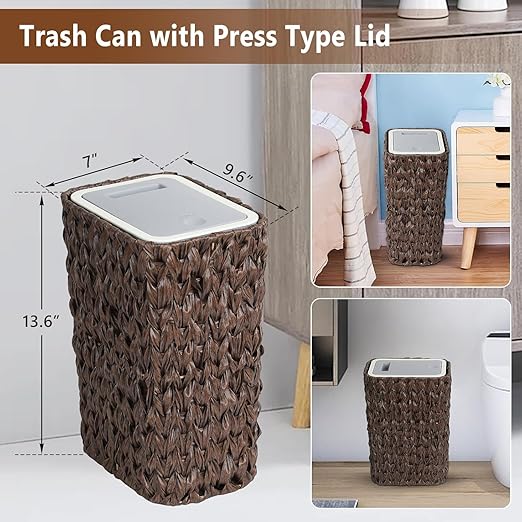 Bathroom Small Trash Can with Lid2.6 Gallon Small Garbage Can with Rattan Basket Slim Wicker Wastebasket Trash Can Press Top Lid for BathroomKitchenOfficeLiving RoomBedroom Brown